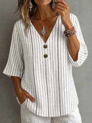Women V Neck Half Sleeve Abstract Stripes Loose Blouse
