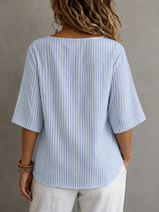 V Neck Half Sleeve Stripe-Blue Striped Loose Micro-Elastic Blouse