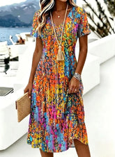 Women Abstract Summer V Neck Short Sleeve A-Line Midi Dress