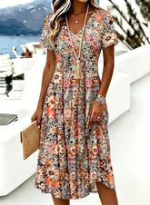 Women Floral Summer Dress V Neck Short Sleeve A-Line Dress