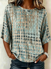 Crew Neck Half Sleeve Geometric Printing Regular Micro-Elasticity Loose Blouse For Women