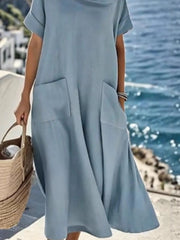 Women Plain Summer Dress Cowl Neck Short Sleeve A-Line Dress
