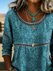 Crew Neck 3/4 Sleeve Floral Printing Regular Loose Blouse For Women