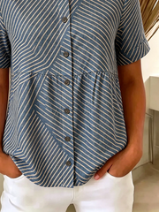 Crew Neck Short Sleeve Striped Regular Loose Shirt For Women
