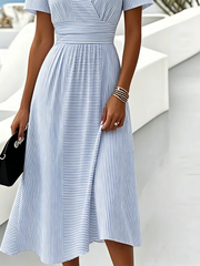 Women Striped Summer Dress V Neck Short Sleeve Beach Dress A-Line Dress