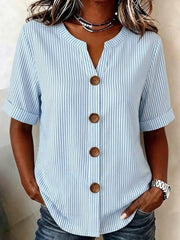 V Neck Short Sleeve Striped Regular Loose Shirt For Women