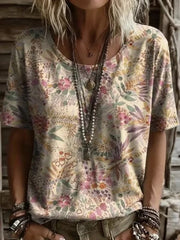 Casual Floral Crew Neck Short Sleeve T-shirt For Women