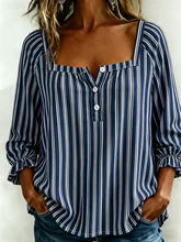 Square Neck Three Quarter Sleeve Striped Printing Regular Micro-Elasticity Loose Blouse For Women