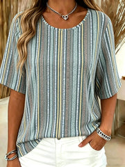 Casual Striped Crew Neck Short Sleeve T-shirt For Women