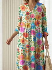 Women Floral Spring/Fall Dress V Neck Long Sleeve H-Line Dress