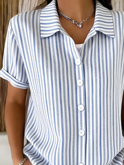 Shawl Collar Short Sleeve Striped Regular Regular Fit Shirt For Women