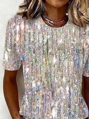 Women Crew Neck Short Sleeve Iridescent Glitter Abstract Loose Graphic T-shirt