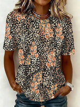 Women Crew Neck Short Sleeve Black Base Small Floral Loose Graphic T-shirt