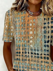 Women Crew Neck Short Sleeve Vintage Circle Dot Abstract Loose