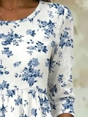 Women Crew Neck Half Sleeve White Blue Floral Maxi A-Line Dress