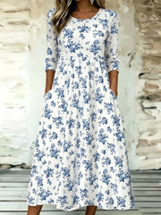 Women Crew Neck Half Sleeve White Blue Floral Maxi A-Line Dress