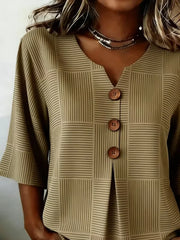 Women V Neck Half Sleeve Brown Striped Peplum Regular Fit Blouse