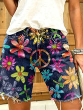 Women's Peace Sign Floral Print Frayed Hem Denim Shorts