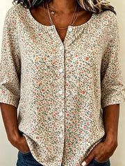 Women Half Sleeve Apricot Ditsy Floral Crew Neck Loose Casual Summer Top