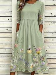 Women Floral Summer Dress Crew Neck Half Sleeve A-Line Maxi Dress
