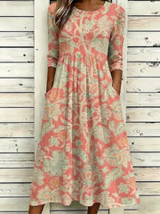 Women Floral Summer Dress Crew Neck Half Sleeve A-Line Maxi Dress