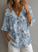 V Neck Half Sleeve Floral Regular Micro-Elasticity Loose Blouse For Women