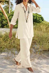 V Neck Casual Loose Solid Color Long Sleeves Mid-Length Two Piece Sets