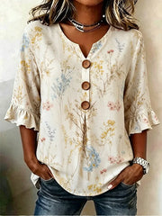 Off White Wild Floral V Neck Three Wooden Button Ruffle Half Sleeve Loose Blouse With Side Pockets