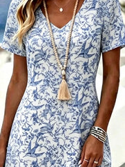 Blue White Porcelain Bird Floral V Neck Short Sleeve Loose A-Line Midi T-Shirt Dress
