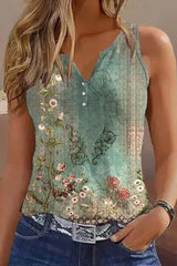 Multicolor V Neck Casual Floral Print Tank Top