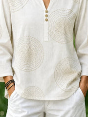 White Concentric Circle Geometric Print Notch Henley Neck Flare Long Sleeve Loose Linen Blouse With Side Pockets