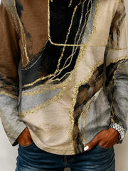 Brown Abstract Marble Print Crew Neck Long Sleeve Casual T-shirt