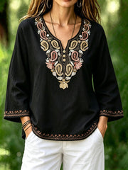 Black Paisley Floral Embroidery Crew Neck Long Sleeve Loose Blouse For Women