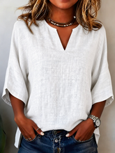 White Plain Half Open Collar 3/4 Sleeve Loose Linen Blouse For Women