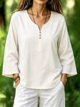 White Plain Crew Neck Long Sleeve Loose Linen Blouse For Women