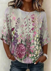 Watercolor Wild Floral Crew Neck Half Sleeve Regular Fit Blouse For Women