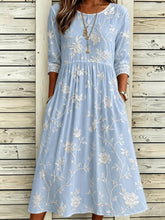 Light Blue White Floral Embroidery Crew Neck three-quarter Sleeve H-Line Midi Dress For Women