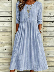 Blue Thin Vertical Stripe Crew Neck Half Sleeve H-Line Midi Dress For Women