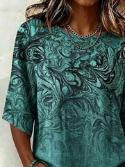Green Marbled Swirl Abstract Print Crew Neck Half Sleeve Loose Blouse For Women