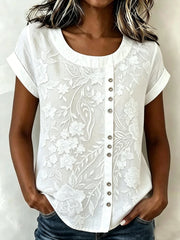 White Floral Embroidery Crew Neck Cuffed Short Sleeve Linen Blend Casual Top For Women