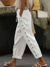 White Drawstring Waist Side Metal Button Linen Cropped Casual Pants For Women