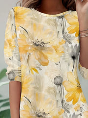 Yellow Watercolor Floral Crew Neck Three-Quarter Sleeve Jersey Casual T-Shirt For Women