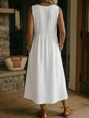 White Split V-Neck Sleeveless Textured Cotton Linen Loose Maxi Dress With Side Pockets For Women