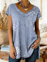 Women's Floral Art Print Casual Washed Denim Cotton Top