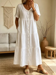 Women's Casual Short-Sleeve V-Neck Cotton Linen Cardigan Dress