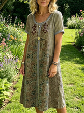 Women's Bohemian Multicolor Patchwork Sun Pattern Art Print Pocket Cotton Dress