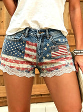 Women's American flag patchwork print cotton lace-trimmed denim shorts