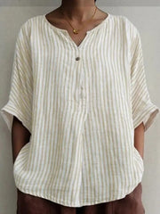 V-neck Loose Stripe Print Sunscreen Half Sleeves Blouse