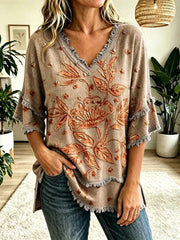 Women's Vintage Folk Floral Art Print V-Neck Tasseled Cotton Top Share on Facebook