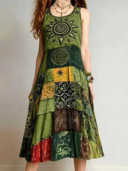 Women's Ethnic Tribal Sun Symbol Patchwork Art Print Midi Tank Dress